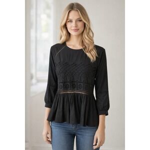 Blue Rain Black Peplum Blouse Small Crochet Lace Cutout Boho Career Shirt Top